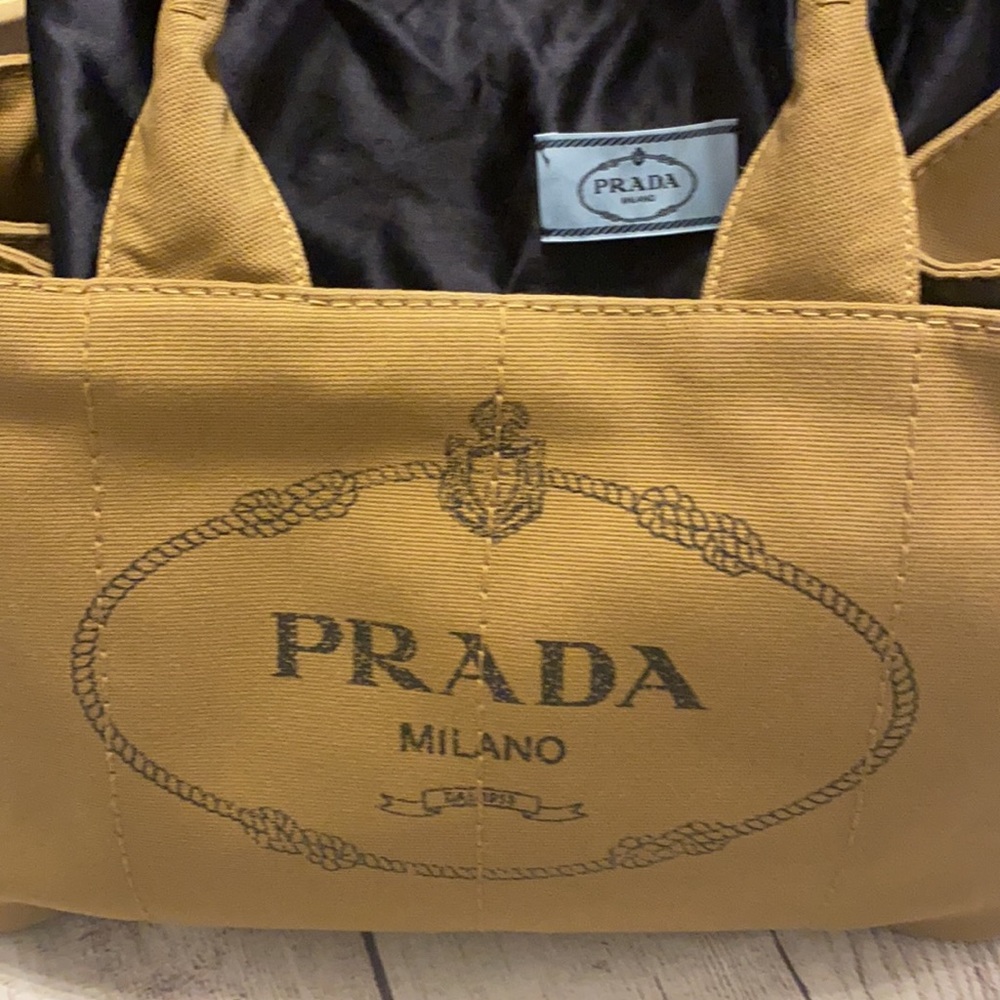 Prada linen shopping bag 13X8x. Good condition. Very clean  Tan.  Side pockets - Picture 3 of 16
